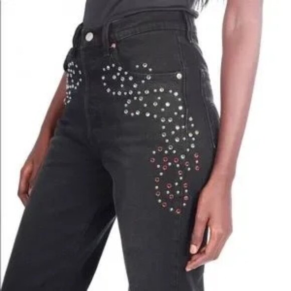 Levis Ribcage Straight Leg Embelliished Bejewelled High Rise Black Jeans Size 28 - Picture 13 of 15